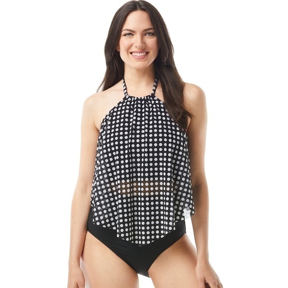 COCO REEF Riviera Dot Aura Mesh Ruffle Crop Tankini Swimsuit Bikini Black 34DD - Picture 1 of 15